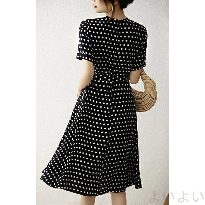 ワンピース 膝丈ワンピース レディース 水玉 春 夏 半袖 シャツワンピース ロングワンピース ドット 上品 膝丈 シフォン フレア ワンピース ゆったり 着痩せ