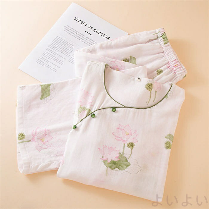 ガーゼ パジャマ レディース ダブルガーゼ ルームウェア 春 夏 秋 七分袖 花柄 総柄 ロングパンツ 長ズボン ウエストゴム 部屋着 セットアップ 2点セット