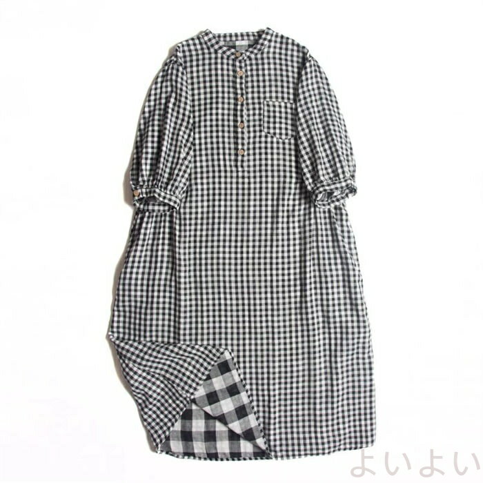 ガーゼワンピース シャツワンピース レディース 半袖 春 夏 バンドカラー チェック柄 ロングワンピース 綿麻 ワンピース ダブルガーゼ シャツワンピ 体型カバー