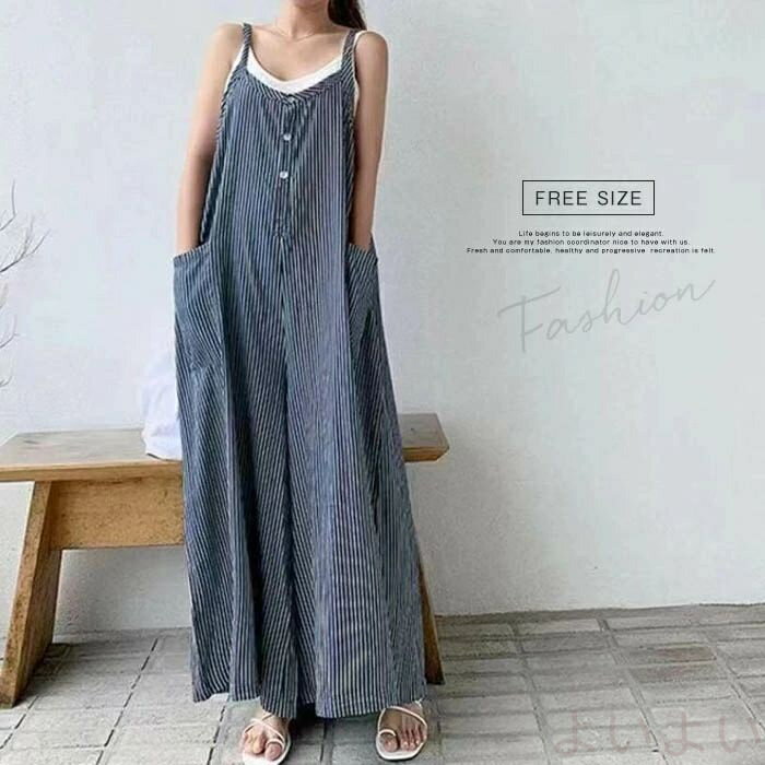 サロペット レディース サロペット パンツ ロングパンツ ストライプ サロペットパンツ イージーパンツ 春 夏 オフィス 仕事 オールインワン ゆったり