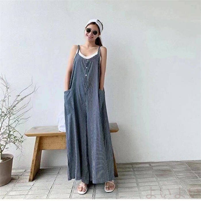 サロペット レディース サロペット パンツ ロングパンツ ストライプ サロペットパンツ イージーパンツ 春 夏 オフィス 仕事 オールインワン ゆったり