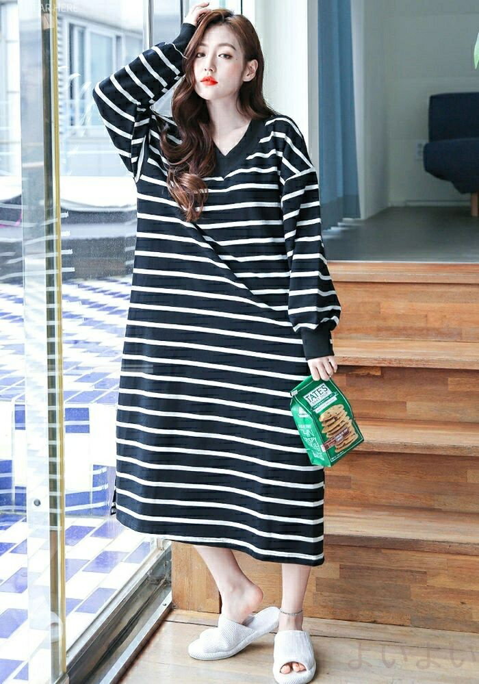 綿100％ ルームウェア ネグリジェ ワンピース レディース 秋 長袖 コットン100％ パジャマ ナイトウェア ストライプ 部屋着 大人 可愛い 寝巻き