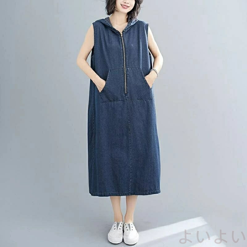 デニム ワンピース ジャンパースカート サロペットスカート レディース 春 夏 ロングワンピース ノースリーブ 秋 重ね着 デニム ゆったり ジャンスカ