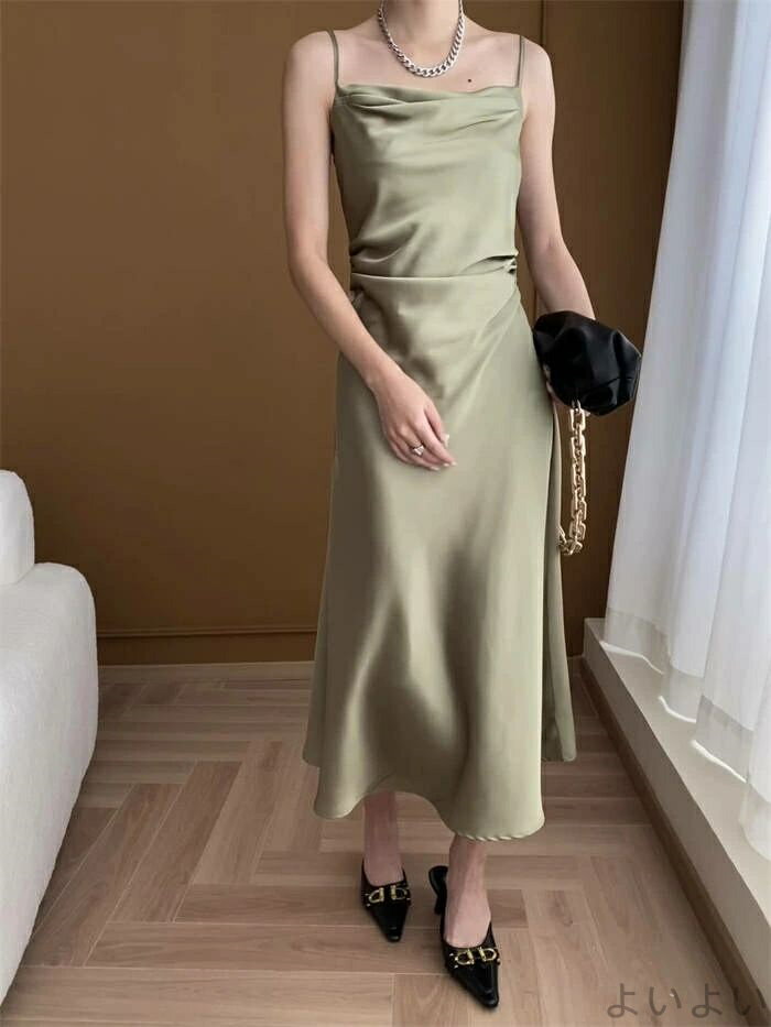 【送料無料】ワンピース 春 夏 きれいめ ロング ノースリーブ キャミソールワンピース サマー サテン キャミワンピース レディース