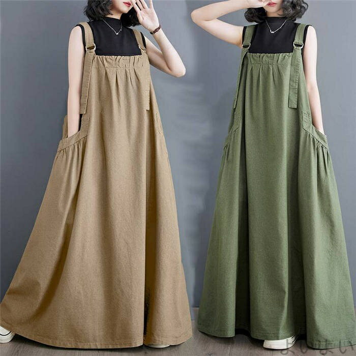 【送料無料】大人 ロング 黒 春 夏 秋 綿麻混 サロペット スカート ジャンパー スカート サロペット ワンピース