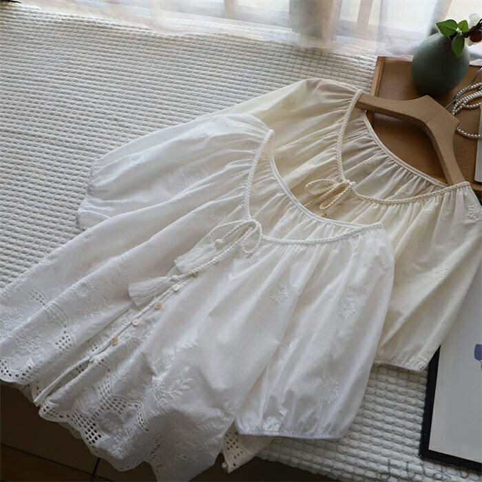 Sleeveless - 【送料無料】シャツ レディース 半袖 花柄 パフスリーブ コットン 綿麻風 かわいい 春 夏 涼しい きれいめ シャツブラウス トップス