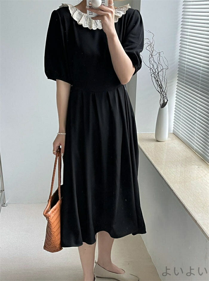 【送料無料】ワンピース レディース 半袖 夏 ロング丈 ロングワンピース パフスリーブ 半袖ワンピース ハイウエスト 切り替え