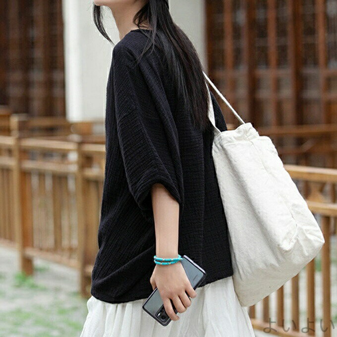 【送料無料】ダブルガーゼ レディース 春 夏 秋 プルオーバー ブラウス ゆったり 5分袖 綿 麻 厚手ガーゼ 凹凸 ドルマン 通気性