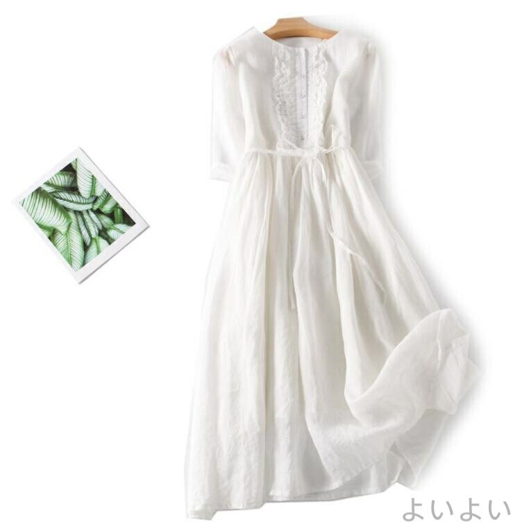 【送料無料】リネン ワンピース 　ロングワンピース　リネンワンピース ワンピース レディースファッション ナチュラル 5分袖 麻ワンピース