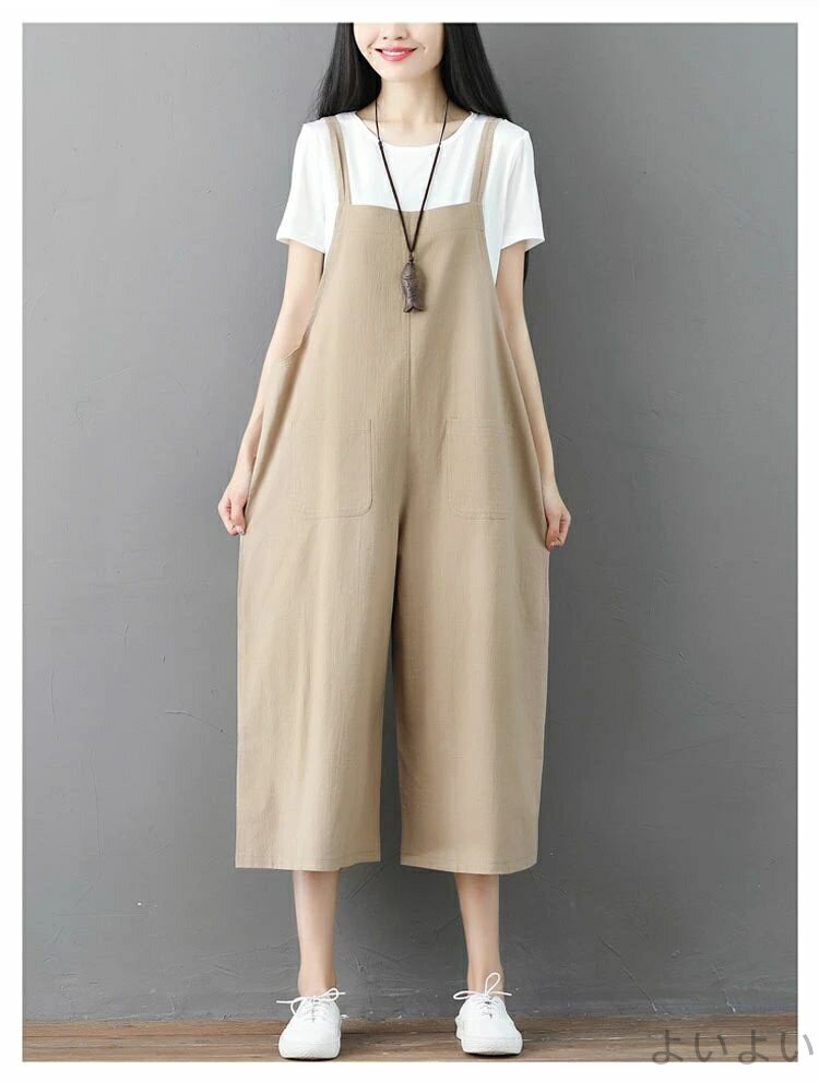 【送料無料】オールインワン サロペット パンツ レディース 春 夏 ノースリーブ 7分丈 ポケット付き 重ね着 ボトムス 無地 レイヤード