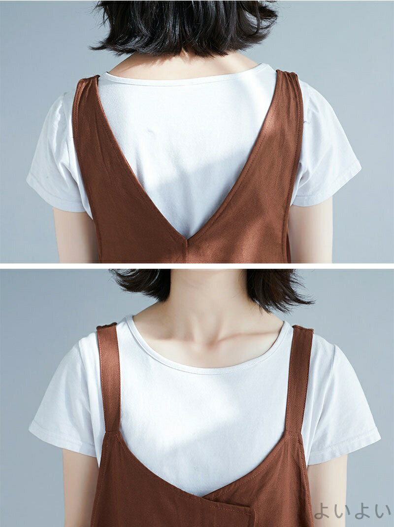 【送料無料】ジャンパースカート 綿 麻 サロペット ワンピース 夏 春 レイヤード風 Aライン ワンピ Vネック サイドポケット