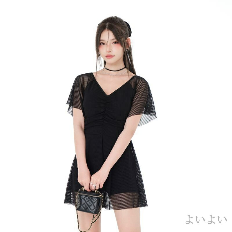 【送料無料】ハイウエスト 袖 フリル 黒 無地 大きいサイズ 体型カバー水着 ワンピース レディース 水着 みずぎ 大人 女性 フリルワンピ