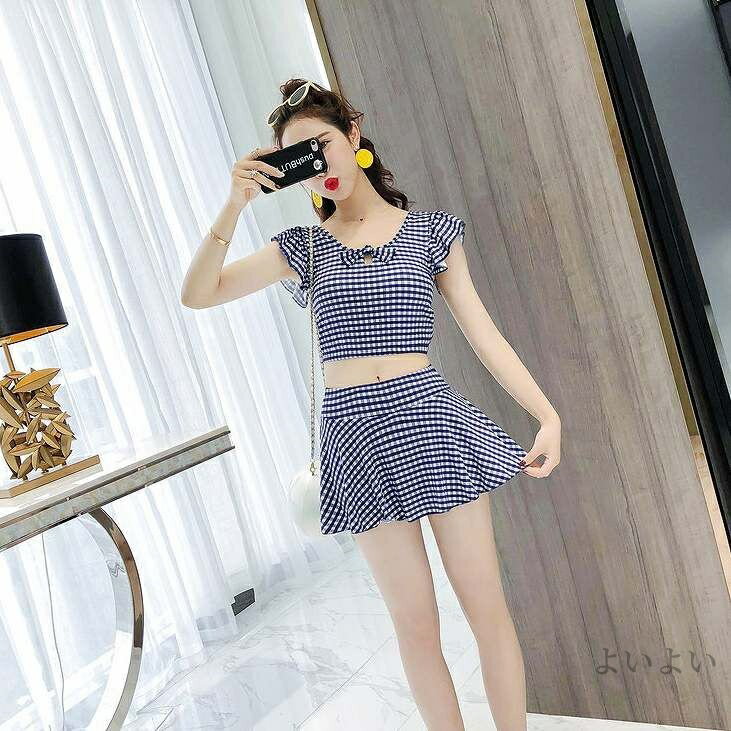 【送料無料】水着 タンキニ 体型カバー ギンガムチェック フリル リボン 温泉 海 プール スイミング ビーチ リゾート 海水浴 夏休み 旅行 可愛い セクシー 女性 レッド ブラック ネイビー M L