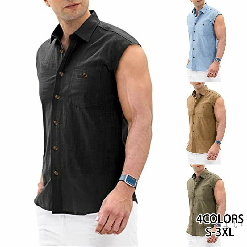 [Free Shipping] Men's Sleeveless Linen Shirt, Cotton Linen Shirt, Men's Fashion, Cool, Comfortable, Top, Spring/Summer, Plain, Pocket