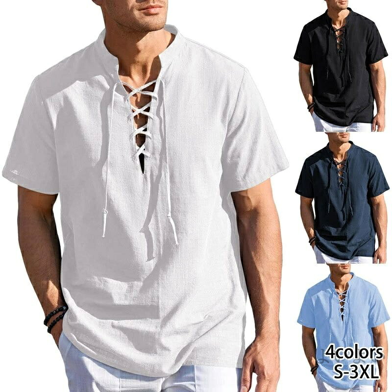 乐天商城 - 【送料無料】綿麻tシャツ メンズ 夏 半袖 ブラウス 五分袖 リネン トップス 麻 メンズ ゆったり 体型カバー 無地 シンプル カジュアル 大きいサイズ