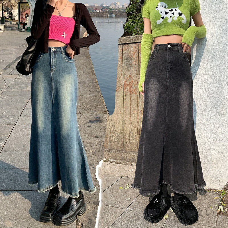 【送料無料】デニム スカート ロング レディース マーメイドスカート おしゃれ かわいい きれいめ ロンスカ 小さいサイズ 春夏秋冬 オールシーズン 黒 無地 薄手 伸縮性 ストレッチ ハイウエスト ポケット(4)