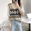 【送料無料】アーガイル Vネック ベスト ノースリーブ ニット トップス 個性的 おしゃれ 幾何学柄 ドロップショルダー カジュアル お出かけ デート レディー...