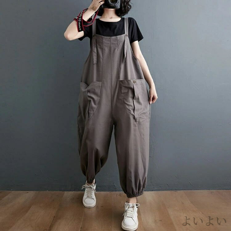 【送料無料】薄手 レディース 綿麻 マタニティ 絞り裾 ビッグシルエット オールインワン オーバーオール 大きいサイズ パンツ サロペット
