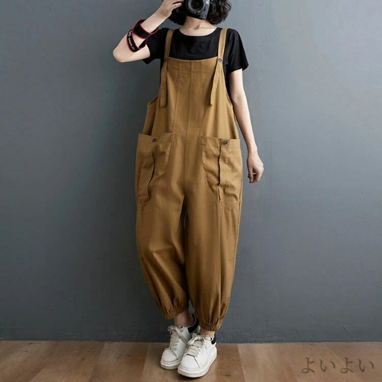 【送料無料】薄手 レディース 綿麻 マタニティ 絞り裾 ビッグシルエット オールインワン オーバーオール 大きいサイズ パンツ サロペット