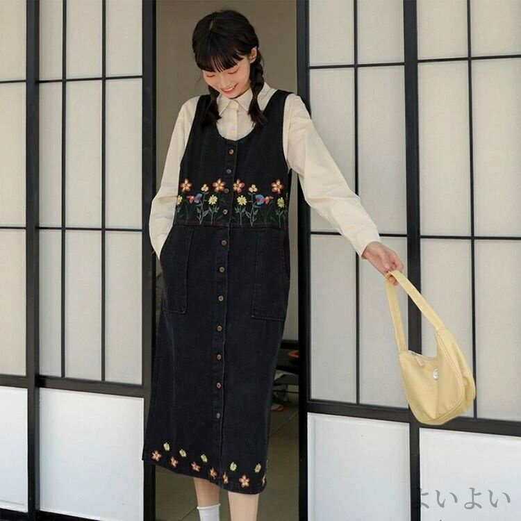 【送料無料】Aライン 小花柄 丸首 デニム レディース 刺? オールインワン サロペット 花柄 スカート ジャンパースカート ロングワンピース