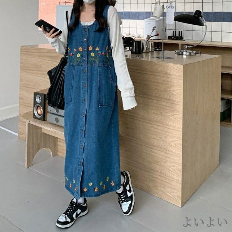 【送料無料】Aライン 小花柄 丸首 デニム レディース 刺? オールインワン サロペット 花柄 スカート ジャンパースカート ロングワンピース