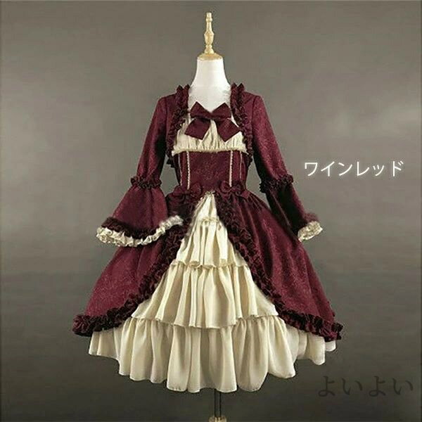 【送料無料】ロリータ ビッグカラー ワンピース クラロリ 単品 ゴスロリ 長袖 Aライン Lolita リボン フリル裾 クリスマス レディース コスチューム 衣装