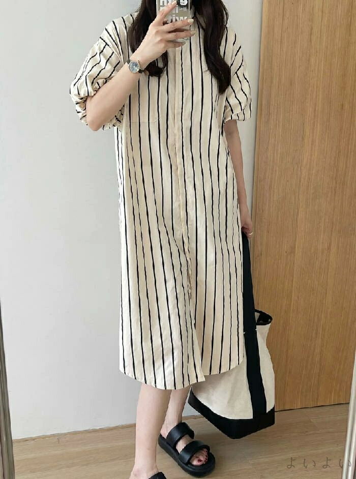 【送料無料】シャツワンピース 半袖 春 夏 秋 ストライプ シャツワンピース バンドカラー ロング丈 チュニック 大きいサイズ ロング丈シャツ