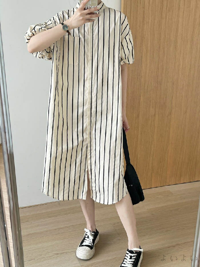 【送料無料】シャツワンピース 半袖 春 夏 秋 ストライプ シャツワンピース バンドカラー ロング丈 チュニック 大きいサイズ ロング丈シャツ