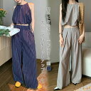 【送料無料】セットアップ パンツ レディース 夏 春 袖なし ノースリーブ トップス ストライプ柄 タンクトップ ワイド ロングパンツ