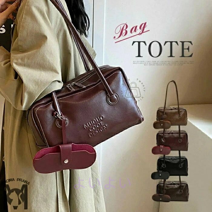 トートバッグ レディース 肩掛けバッグ メガネケース付き 無地 フェイクレザー 肩掛け 手提げ スクエア..