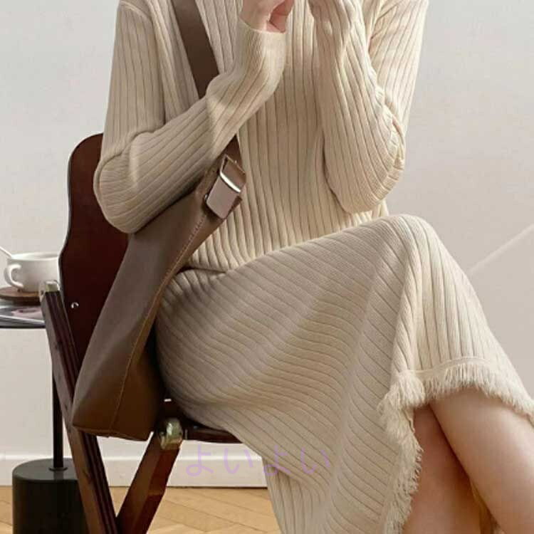 冬 無地 ミディアム丈 プルオーバー おしゃれ チュニック ワンピース ハイネック レディース 大人 ニット ひざ丈 可愛い フリンジ シンプル 秋 セーター