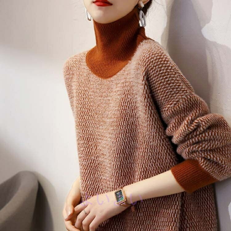 プルオーバー 秋冬 ス 配色 ミドル丈 大きいサイズ ゆったり おしゃれ セーター レディース タートルネ..