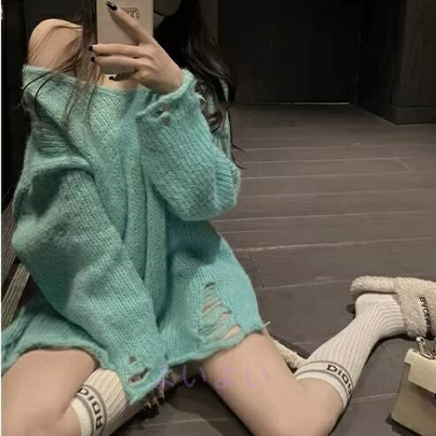 レディース トップス ニット セーター プルオーバー ニットトップス ダメージ加工 ダメージ 長袖 ボリ..