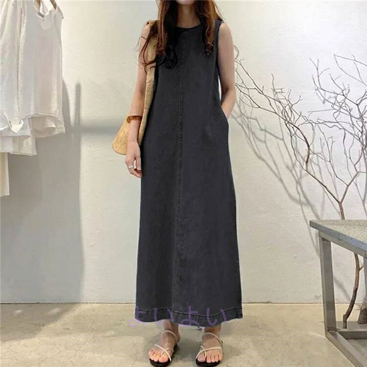 よいよいのジャンパースカート デニム ワンピース ロングワンピース ワンピース デニム ロング ポケット付き クルーネック Aライン ジャンパースカート キャミワンピース ノースリーブ デニムワンピ ゆったり デニム きれいめ｜アングル2