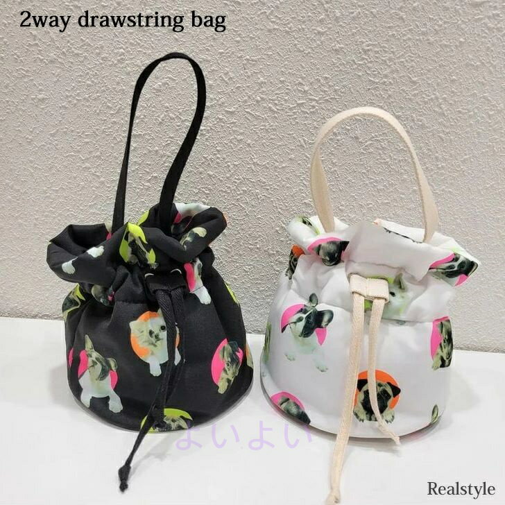 2wayドッグプリント巾着バッグ レディース ショルダーバッグ ハンドバッグ ミニバッグ バケットバッグ 布 キャンバス 斜めがけ 肩掛け 犬 鞄 巾着型 上品 カジュアル 個性的 ユニーク 韓国ファッション メール便(4)