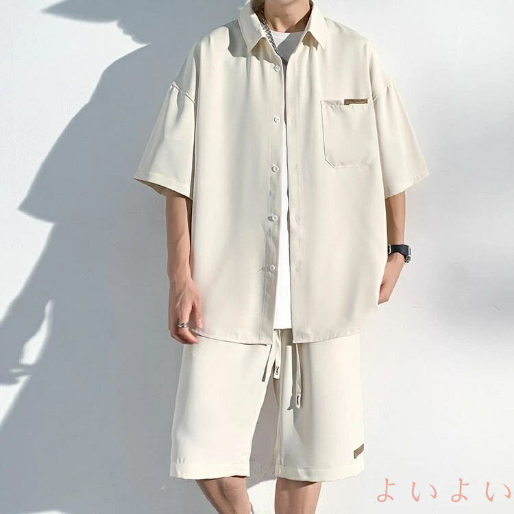 【送料無料】セットアップ 接触冷感 夏 メンズ 大きいサイズ シャツ 半袖 カジュアル 無地 ハーフパンツ ショートパンツ ルームウエア 上下セット リラックス アイスシルク 薄手 快適 涼しい おしゃれ ストレッチ ゆったり 耐シワ 紳士服 快適 M~5XL