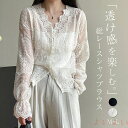 【送料無料】総レース シャツ ブラウス 長袖 vネック シャツブラウス レディース 花柄 刺繍 トップス 羽織り 重ね着 春 夏 透け感 薄手 シースルー 大人 可愛い 袖フレア フ