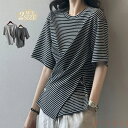 【送料無料】コットン Tシャツ ブラウス アシンメトリー レディース 半袖 ボーダー 涼しい 柔らかい 春 夏 tシャツ 切り替え おしゃれ プルオーバー シャツブラウス トップス