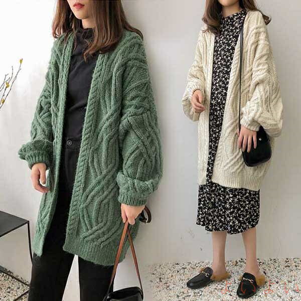【送料無料】ニットガウン ロングカーディガン 秋冬 ゆったり レディース ニット 厚手 ロングニット もこもこ 学生 ざっくり セーター 手編み風 毛糸 冷房対策 前開き トップ