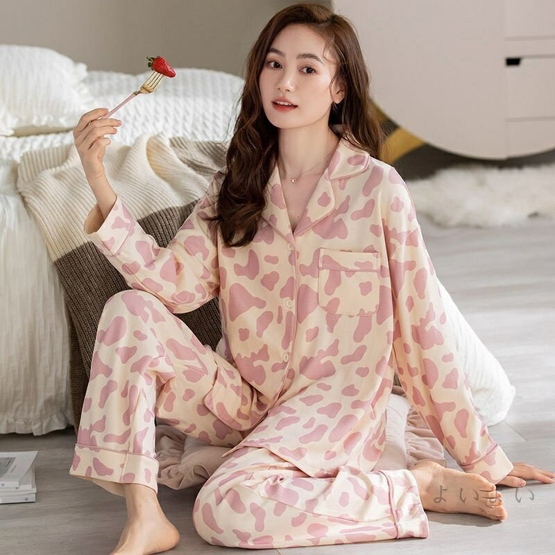 【送料無料】ルームウエア パジャマ レディース 綿 コットン 長袖 長ズボン 春 夏 秋 上下セット 部屋着 寝間着 通気性 前開き 冷え性対策 柔らかい 暖かい 肌触りがいい