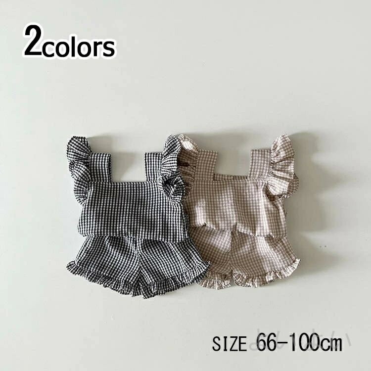 送料無料 セットアップ 女の子 チェック柄 キッズ ベビー 子供 ノースリーブ ブラウス キッズ 春夏 フリル フレア ハーフパンツ ショートパンツ 子供服 小学生 かわいい