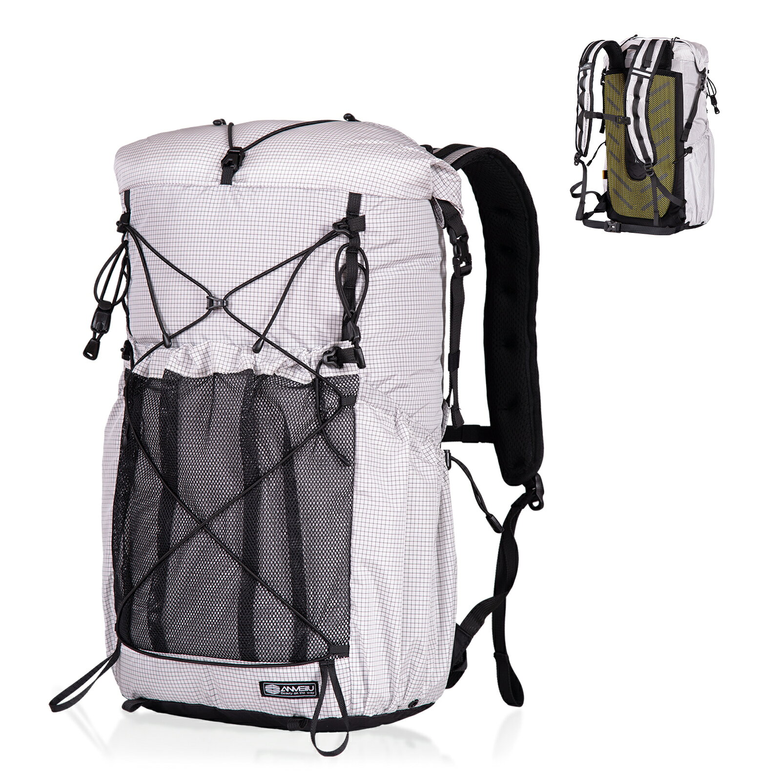 【容量可変設計】 通常時約25L（約45×28×16cm）の容量に加え、ロールトップを展開することで最大約60×28×16cmまで拡張可能。荷物の量に応じて柔軟に調整でき、日帰りハイキングから1～2泊の登山にも対応します。 【防水・耐久仕様】 本体には耐引裂性に優れた210Dリップストップナイロンを採用し、アウトドア環境でも安心して使用可能。さらに、主要部分にYKKファスナーとDuraflexバックルを採用し、頻繁な開閉や負荷のかかる部分でも高い耐久性とスムーズな操作性を実現しています。 【効果的な荷重分散】 ショルダーベルト・チェストストラップ・ヒップベルトの3点調整式サスペンション構造により、身体にしっかりフィット。PP背板と内蔵アルミフレームが荷重を効率的に分散し、バッグの型崩れを防止。肩への負担を最大約70％軽減し、長時間の登山や移動でも安定した快適な背負い心地を実現します。 【優れた収納性】 取り外し可能な背面パネルとヒップベルトにより、使用シーンに応じたカスタマイズが可能。トップのY字バックルでマットなどの外部装着に対応し、各所の外部ループで高い拡張性も確保しました。両サイドのボトルポケット、内部ポケット、ハイドレーション対応スペースを備え、アウトドアに必要な機能をこの一つに集約しています。 【マルチユース対応】 登山・トレッキング・キャンプはもちろん、自転車旅行やバイクパッキング、フェス、防災用途まで幅広く対応。軽量で持ち運びやすく、シンプルでスタイリッシュなデザインは日常の通勤・通学にも違和感なく使用できます。 ※沖縄・離島への配送は、別途送料が発生いたします。あらかじめご了承ください。 【注意事項】 ・当店の商品は全て国内から配送されます。 ・国内配送の商品は国内でのお買い物と同じく消費税が発生いたします。関税はかかりません。 ※モニターの発色具合によって、実際の商品と色味が異なる場合があります。