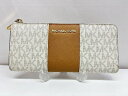 s24t-0414y【中古】MICHAEL KORS CENTER STRIPE マイケルコース センターストライプ L字型財布 長財布 ラウンドファスナー ロ...