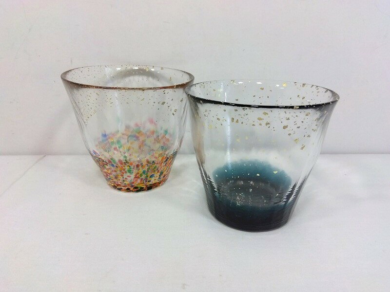 樂天商城 - 26g-295k【中古】津軽びいどろ　氷華金彩　碧　HANABI はなび金彩　ロックグラス　ペアセット　箱なし【9800円以上で沖縄・離島も送料無料】