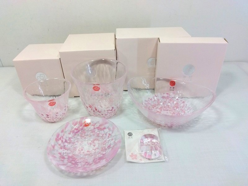Rakuten - 26g-369k【中古】津軽びいどろ　SAKURA さくら　フリーカップ　楕円小鉢　豆皿　盃　小判箸置　5点セット【9800円以上で沖縄・離島も送料無料】