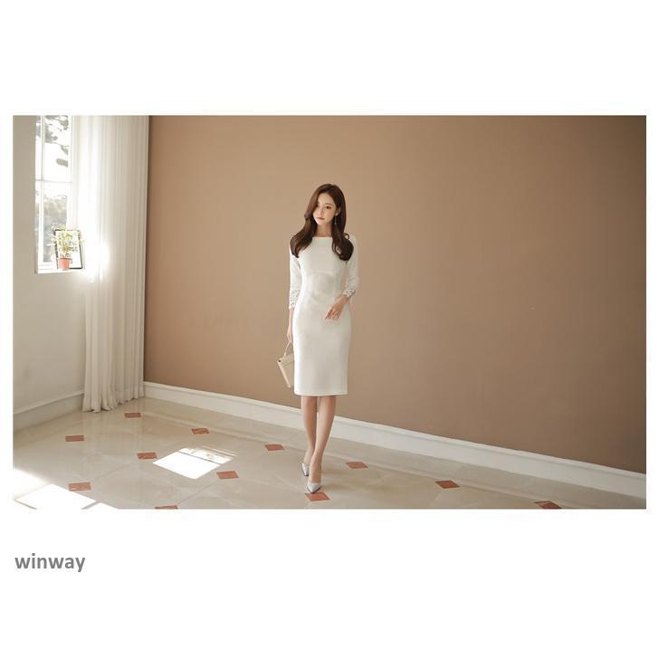 ワンピース きれいめ レディース 春 秋 膝丈 長袖 パーティードレス タイトスカート 白 結婚式ドレス ロングワンピース お呼ばれ 卒業式 レース上品 着痩せ