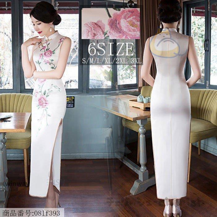 チャイナドレス ロング チャイナドレス チャイナドレス ノースリーブ チャイナドレス 大きいサイズ チャイナドレス ストレッチ バラ柄 ホワイト 卒業式