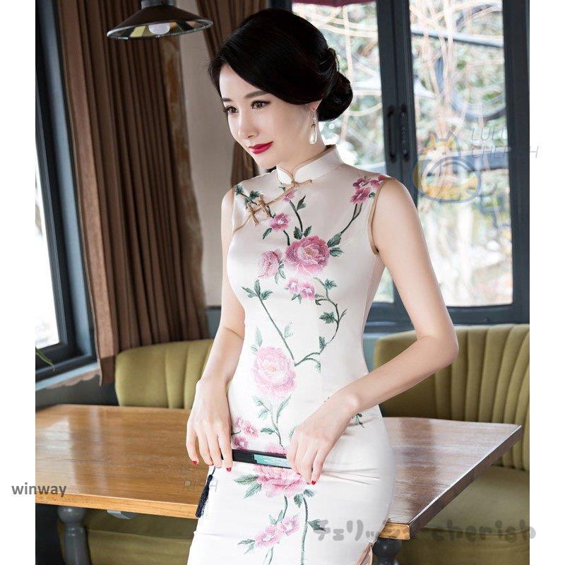 チャイナドレス ロング チャイナドレス チャイナドレス ノースリーブ チャイナドレス 大きいサイズ チャイナドレス ストレッチ バラ柄 ホワイト 卒業式