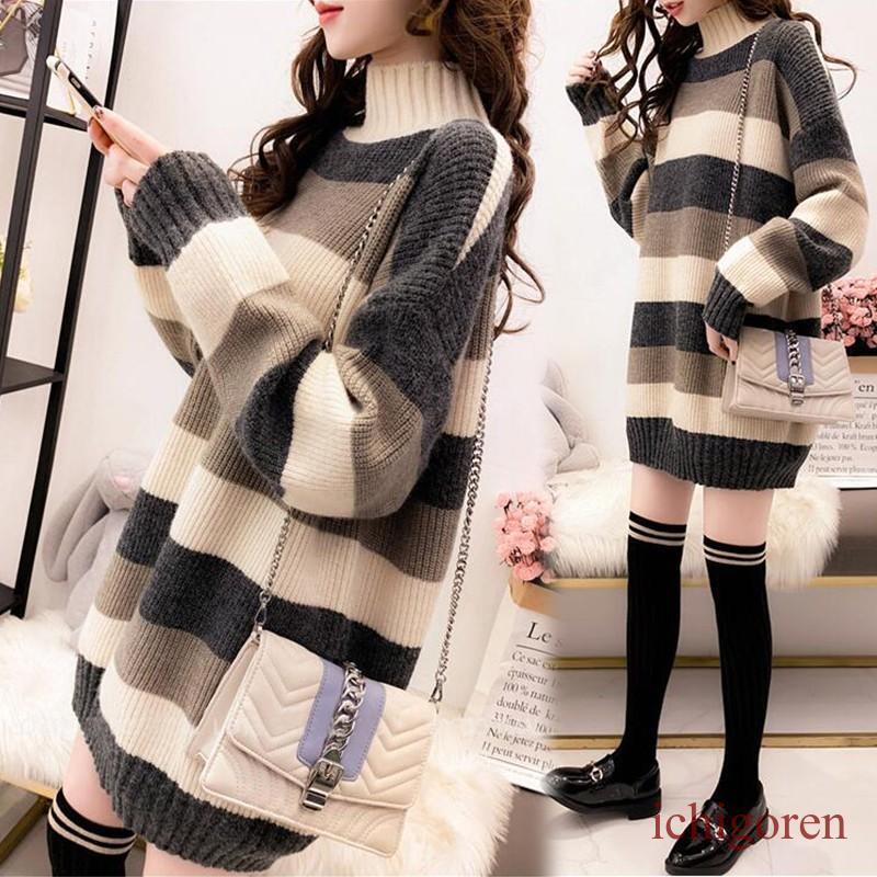 ニット セーター レディース トップス 長袖 ハイネック チュニック ボーダー柄 お洒落 体型カバー 通勤..