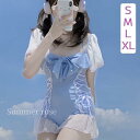 レディース 水着 レオタード水着 ローレグ スカート パッド付 かわいい リボン 小胸 露出控えめ ブルー 青dm154t2t2w9